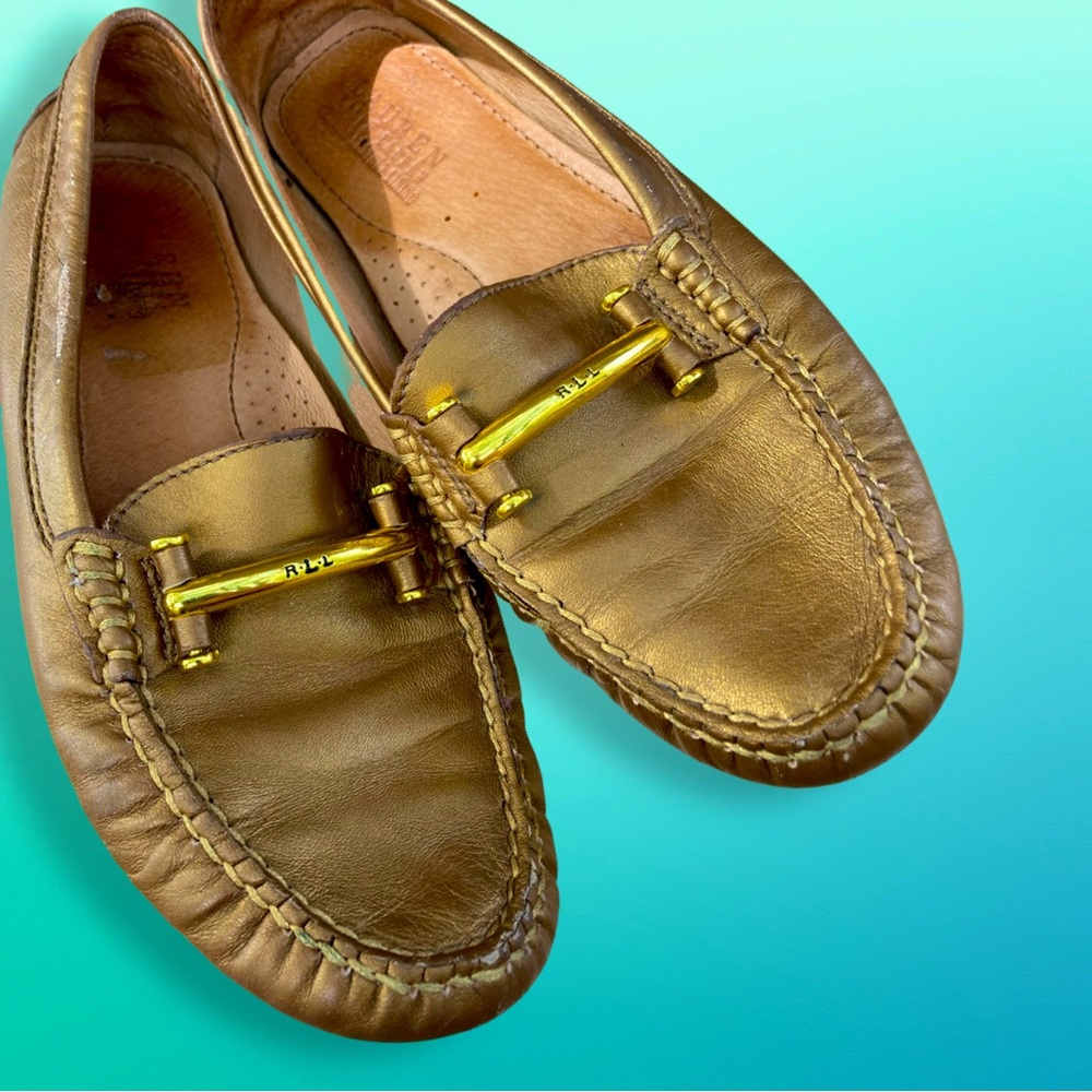 Lauren Ralph Lauren gold leather stitched Moccasin loafers w/metal details